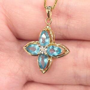 14K Blue Topaz Flower Pendant: Swiss Blue Pear Cluster Diamond Accent Piece